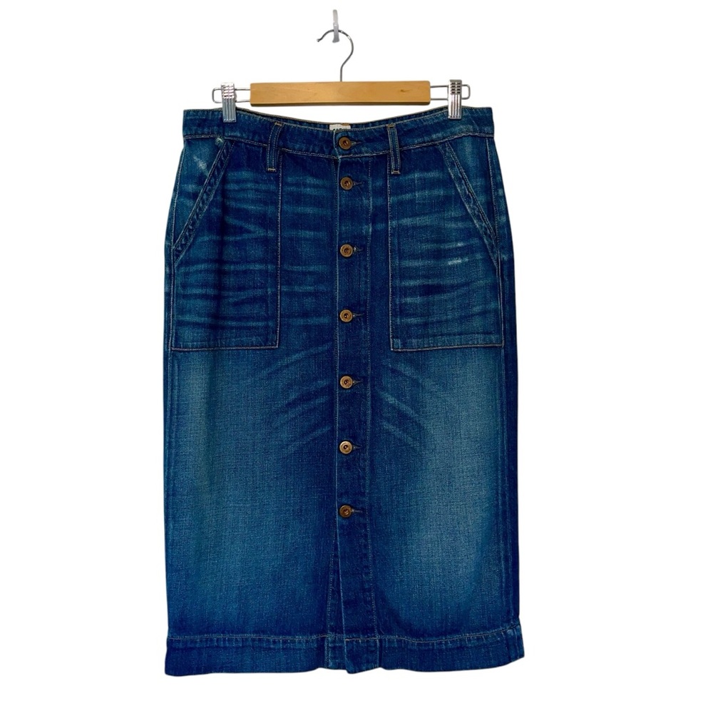NSF Button Down Midi Skirt Womans Sz Md Blue Factory Distressing Flap Pockets